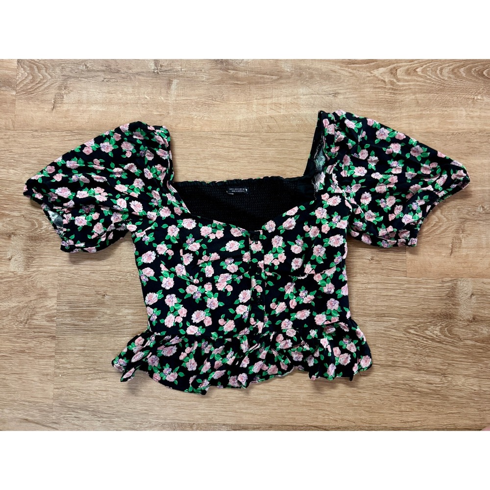 Zara Floral Smocked Top Puff Sleeve Ruffle Hem Square Neck Blouse
